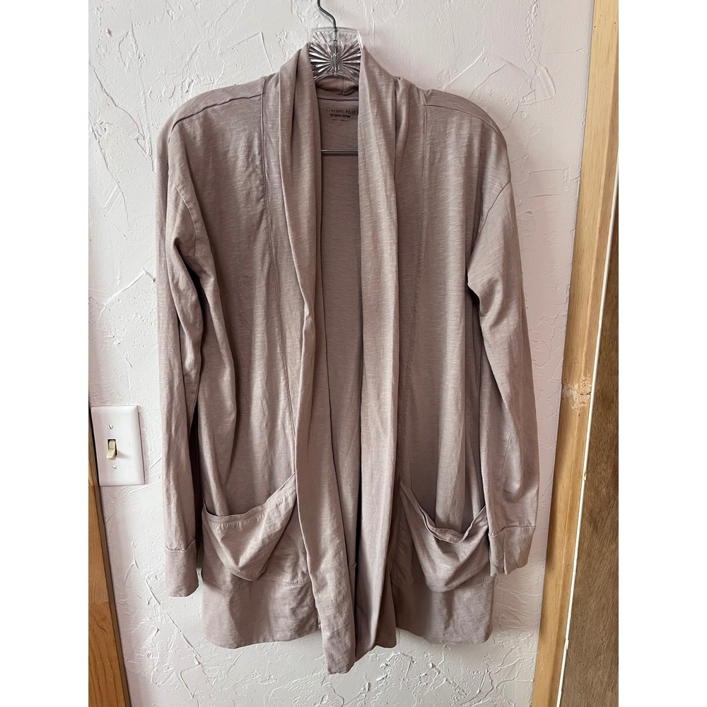 Garnet Hill Green Cotton Open‎ Front Cardigan Taupe Long Sleeve Pockets Size S